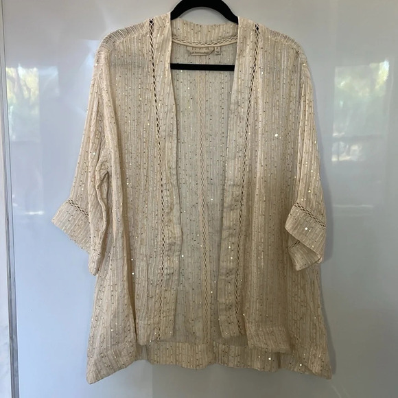 Soft Surroundings Loose Weave Ivory Gold Sequin Cardigan Boho Relaxed Top Sz XS - Picture 2 of 9